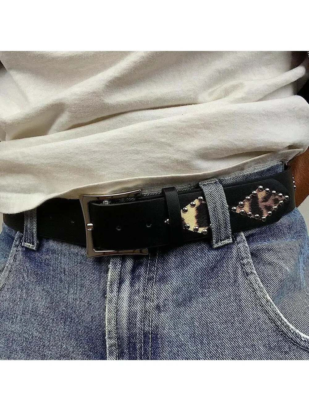 Vintage Y2K style Cheetah Print Studded Black Belt. 39 inches fits a 26-34